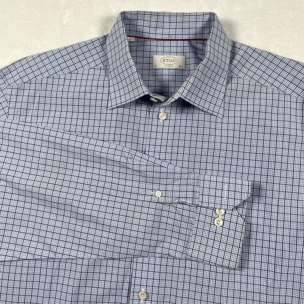 Eton Dress Shirt Men 16.5 - 42 Classic Light Blue Micro Check Button Long Sleeve